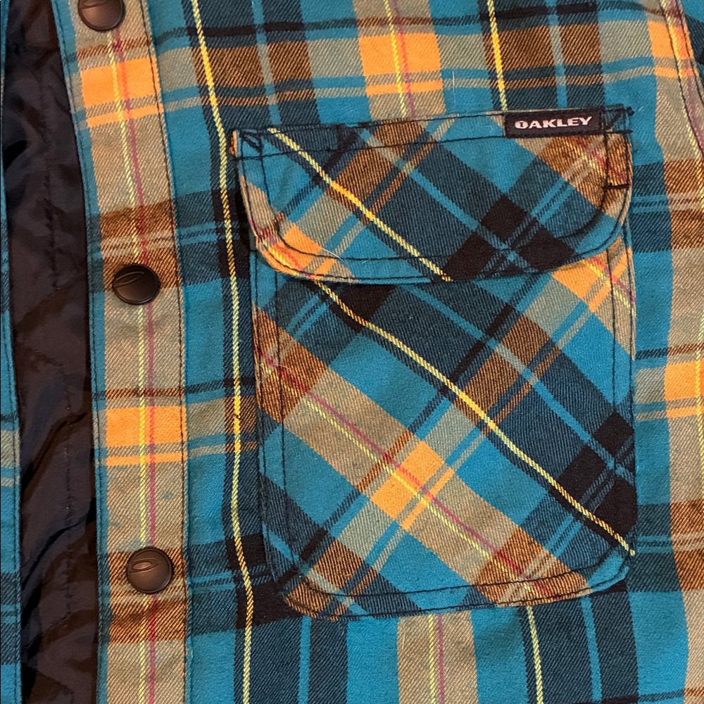 Oakley Reversible Teal Yellow Black Plaid Snap-Up Long Sleeve Shirt